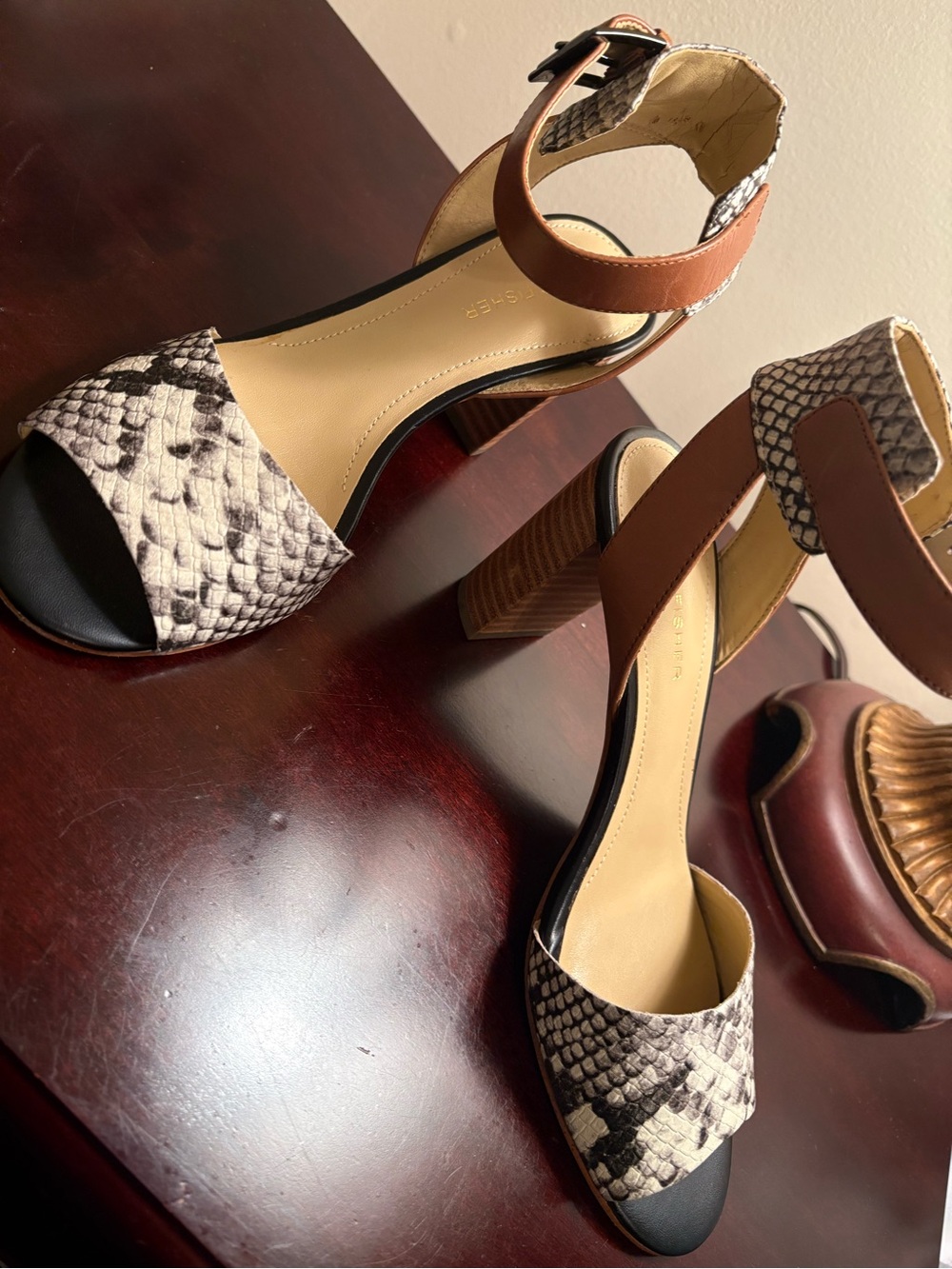 Women’s Black/Tan Snake-Print Block Heel Leather Sandals